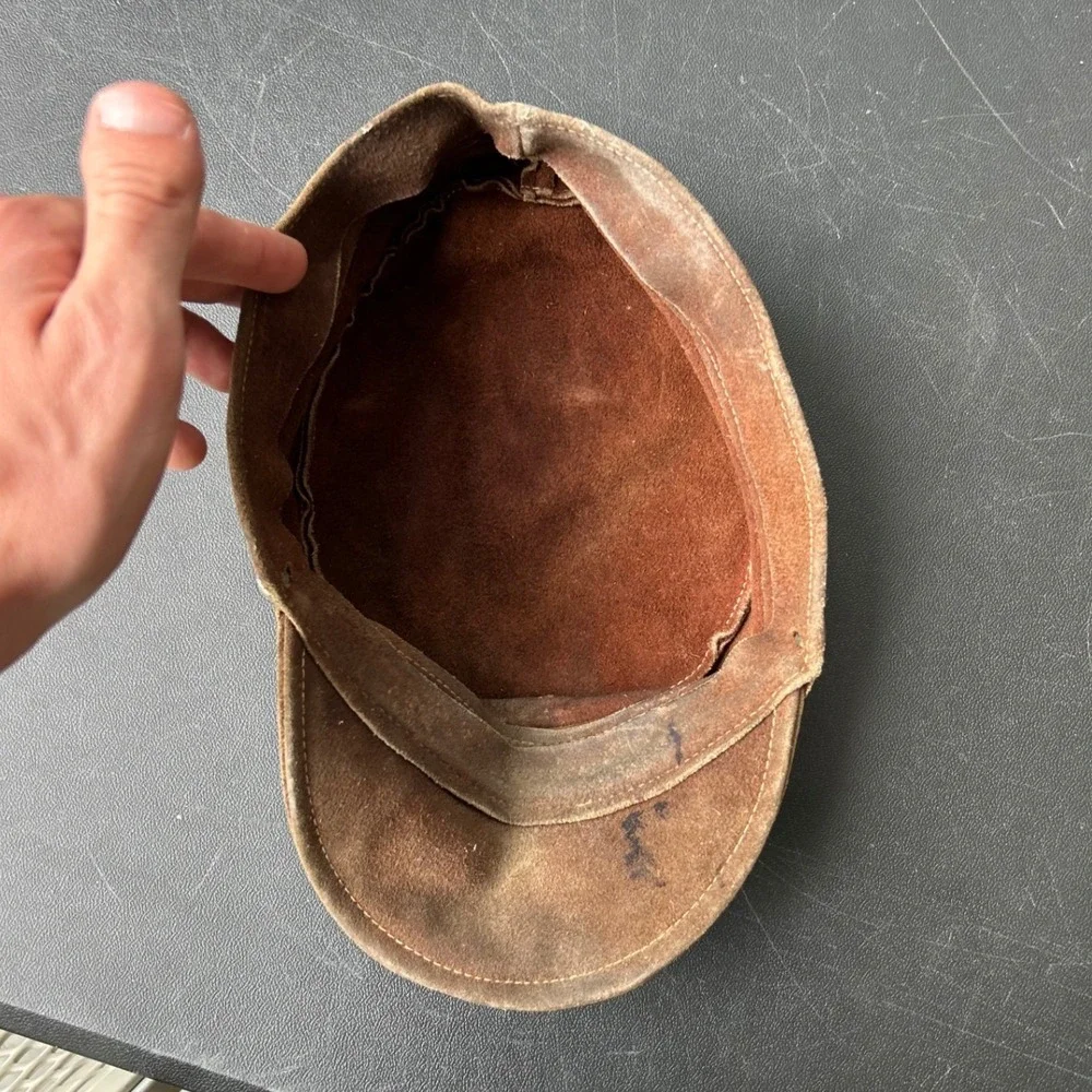 Vintage 1940s Harley Davidson Leather Motorcycle Cap Brown Biker Hat Eagle Patch